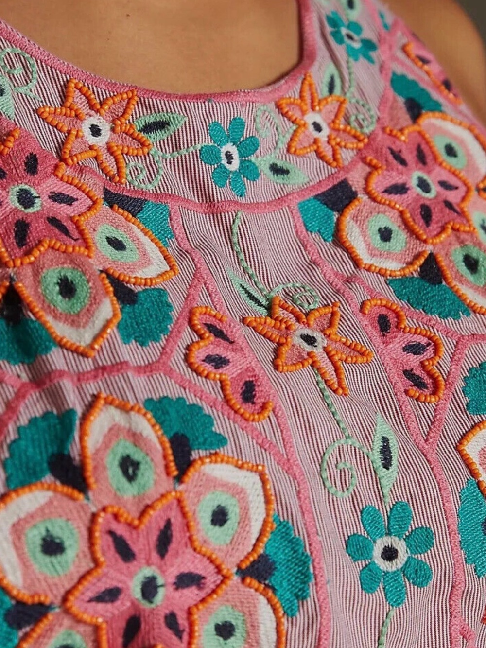Anthropologie Pink Embroidered Open-Back Halter Dress with Teal Accents - Picture 4 of 8